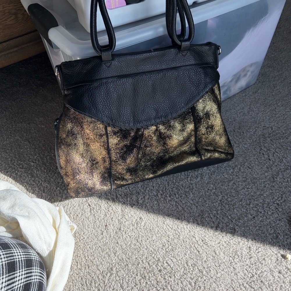Aimee Kestenberg Black and Metallic Gold Shoulder Bag with Top Handles